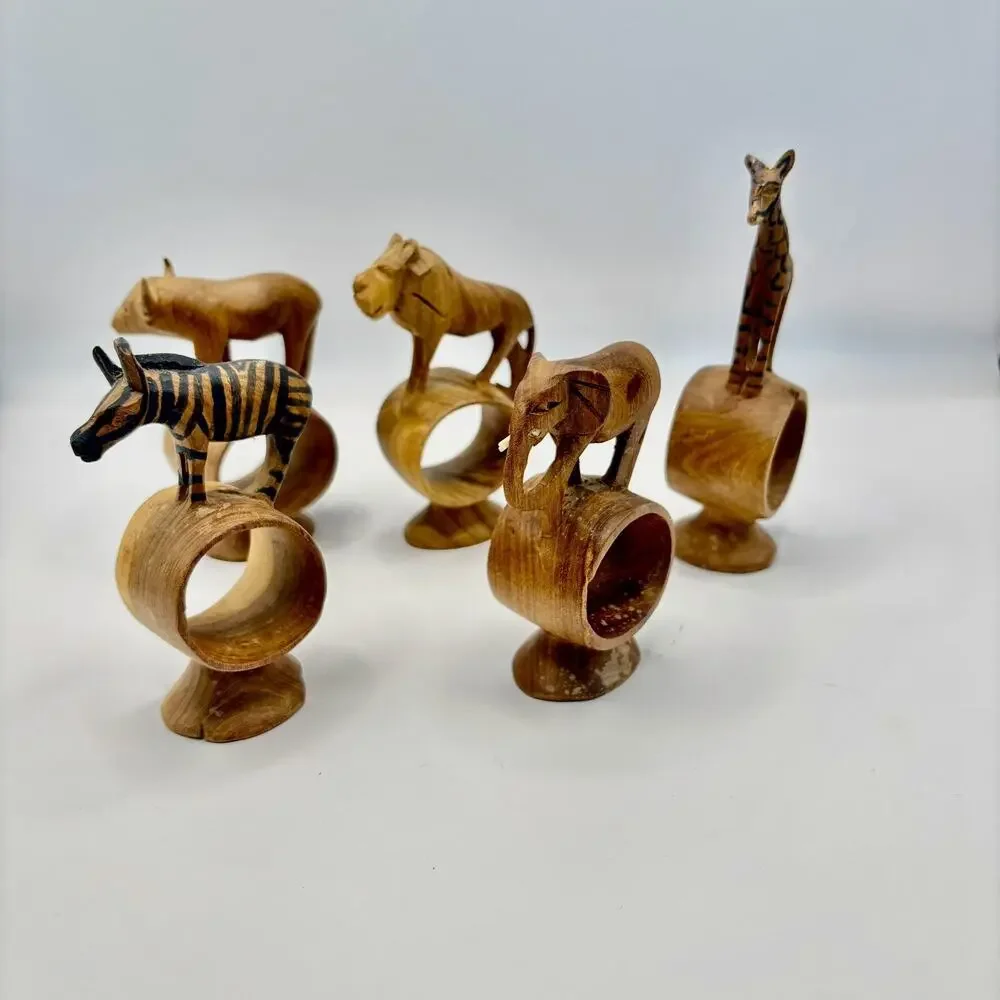 Vintage Set of 5 Hand Carved African Safari Animal Wooden Napkin Rings Footed